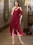 Janice A-Line V-neck Asymmetrical Chiffon Bridesmaid Dress With Cascading Ruffles STKP0013236