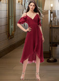 Janice A-Line V-neck Asymmetrical Chiffon Bridesmaid Dress With Cascading Ruffles STKP0013236