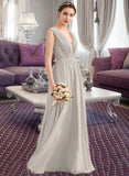 Macie A-Line V-neck Floor-Length Chiffon Lace Bridesmaid Dress With Ruffle STKP0013238