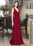 Ansley A-line V-Neck Floor-Length Chiffon Bridesmaid Dress With Ruffle STKP0013240