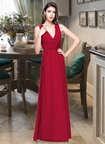 Ansley A-line V-Neck Floor-Length Chiffon Bridesmaid Dress With Ruffle STKP0013240