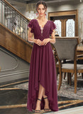 Yareli A-Line V-neck Asymmetrical Bridesmaid Dress With Lace Cascading Ruffles STKP0013243