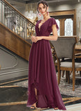 Yareli A-Line V-neck Asymmetrical Bridesmaid Dress With Lace Cascading Ruffles STKP0013243