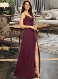 Yazmin Sheath/Column V-neck Floor-Length Bridesmaid Dress With Ruffle Split Front STKP0013247