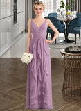 Vicky A-Line V-neck Floor-Length Chiffon Bridesmaid Dress With Cascading Ruffles STKP0013261