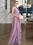 Vicky A-Line V-neck Floor-Length Chiffon Bridesmaid Dress With Cascading Ruffles STKP0013261