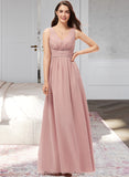 Natalia A-Line V-neck Floor-Length Chiffon Bridesmaid Dress With Ruffle STKP0013266