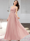 Natalia A-Line V-neck Floor-Length Chiffon Bridesmaid Dress With Ruffle STKP0013266