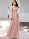 Natalia A-Line V-neck Floor-Length Chiffon Bridesmaid Dress With Ruffle STKP0013266