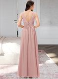 Natalia A-Line V-neck Floor-Length Chiffon Bridesmaid Dress With Ruffle STKP0013266