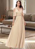 Diamond A-Line V-neck Floor-Length Chiffon Bridesmaid Dress With Ruffle Split Front STKP0013267