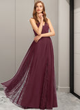 Emilee A-Line V-neck Floor-Length Chiffon Lace Bridesmaid Dress STKP0013268