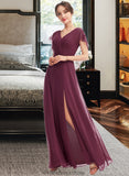 Pat A-Line V-neck Floor-Length Bridesmaid Dress With Ruffle Split Front STKP0013276