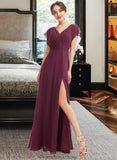 Pat A-Line V-neck Floor-Length Bridesmaid Dress With Ruffle Split Front STKP0013276