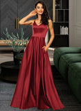 Giuliana A-Line V-neck Floor-Length Satin Bridesmaid Dress With Pockets STKP0013279