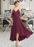 Zoie A-Line V-neck Asymmetrical Chiffon Bridesmaid Dress With Cascading Ruffles STKP0013280