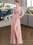 Abigayle A-Line Scoop Neck Floor-Length Bridesmaid Dress With Sequins Split Front STKP0013286