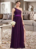 Isabella A-Line/Princess One-Shoulder Floor-Length Chiffon Charmeuse Bridesmaid Dress With Ruffle Split Front STKP0013288