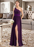 Isabella A-Line/Princess One-Shoulder Floor-Length Chiffon Charmeuse Bridesmaid Dress With Ruffle Split Front STKP0013288