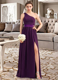 Isabella A-Line/Princess One-Shoulder Floor-Length Chiffon Charmeuse Bridesmaid Dress With Ruffle Split Front STKP0013288