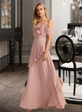 Maya A-Line V-neck Floor-Length Bridesmaid Dress With Ruffle STKP0013289