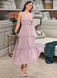 Stephanie A-LineV-neckTea-LengthBridesmaidDress#273655 STKP0013290