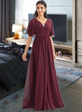 Laci A-Line V-neck Floor-Length Bridesmaid Dress With Ruffle STKP0013292