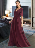 Laci A-Line V-neck Floor-Length Bridesmaid Dress With Ruffle STKP0013292