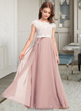 Logan A-Line Scoop Neck Floor-Length Chiffon Lace Junior Bridesmaid Dress With Bow(s) STKP0013305