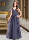 Laci A-Line V-neck Floor-Length Chiffon Junior Bridesmaid Dress With Ruffle STKP0013307