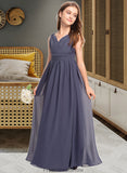 Laci A-Line V-neck Floor-Length Chiffon Junior Bridesmaid Dress With Ruffle STKP0013307