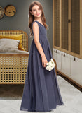 Laci A-Line V-neck Floor-Length Chiffon Junior Bridesmaid Dress With Ruffle STKP0013307