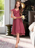 Jaylah A-Line V-neck Asymmetrical Chiffon Junior Bridesmaid Dress With Cascading Ruffles STKP0013309