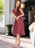 Jaylah A-Line V-neck Asymmetrical Chiffon Junior Bridesmaid Dress With Cascading Ruffles STKP0013309