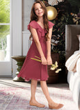 Jaylah A-Line V-neck Asymmetrical Chiffon Junior Bridesmaid Dress With Cascading Ruffles STKP0013309