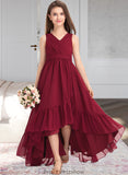 Rylie A-Line V-neck Asymmetrical Chiffon Junior Bridesmaid Dress With Bow(s) Cascading Ruffles STKP0013310