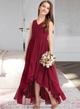 Rylie A-Line V-neck Asymmetrical Chiffon Junior Bridesmaid Dress With Bow(s) Cascading Ruffles STKP0013310