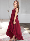 Rylie A-Line V-neck Asymmetrical Chiffon Junior Bridesmaid Dress With Bow(s) Cascading Ruffles STKP0013310