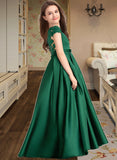 Janessa Ball-Gown/Princess Scoop Neck Floor-Length Satin Lace Junior Bridesmaid Dress With Bow(s) Pockets STKP0013311