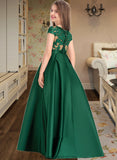 Janessa Ball-Gown/Princess Scoop Neck Floor-Length Satin Lace Junior Bridesmaid Dress With Bow(s) Pockets STKP0013311