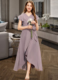 Ingrid A-Line V-neck Asymmetrical Chiffon Junior Bridesmaid Dress With Ruffle Bow(s) STKP0013315