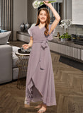 Ingrid A-Line V-neck Asymmetrical Chiffon Junior Bridesmaid Dress With Ruffle Bow(s) STKP0013315