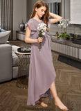 Ingrid A-Line V-neck Asymmetrical Chiffon Junior Bridesmaid Dress With Ruffle Bow(s) STKP0013315