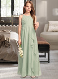 Melina A-Line Scoop Neck Floor-Length Chiffon Junior Bridesmaid Dress With Cascading Ruffles STKP0013318