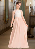 Kathleen A-Line Scoop Neck Floor-Length Chiffon Lace Junior Bridesmaid Dress STKP0013321