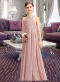 Catalina A-Line Scoop Neck Floor-Length Chiffon Lace Junior Bridesmaid Dress STKP0013324