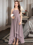 Theresa A-Line Scoop Neck Asymmetrical Chiffon Junior Bridesmaid Dress With Ruffle Bow(s) STKP0013326