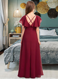 Morgan A-Line V-neck Floor-Length Chiffon Junior Bridesmaid Dress With Cascading Ruffles STKP0013327