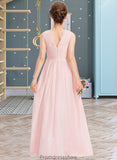 Olivia A-Line V-neck Floor-Length Chiffon Junior Bridesmaid Dress With Ruffle STKP0013328