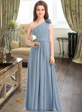 Faith A-Line One-Shoulder Floor-Length Chiffon Junior Bridesmaid Dress With Ruffle Flower(s) STKP0013332